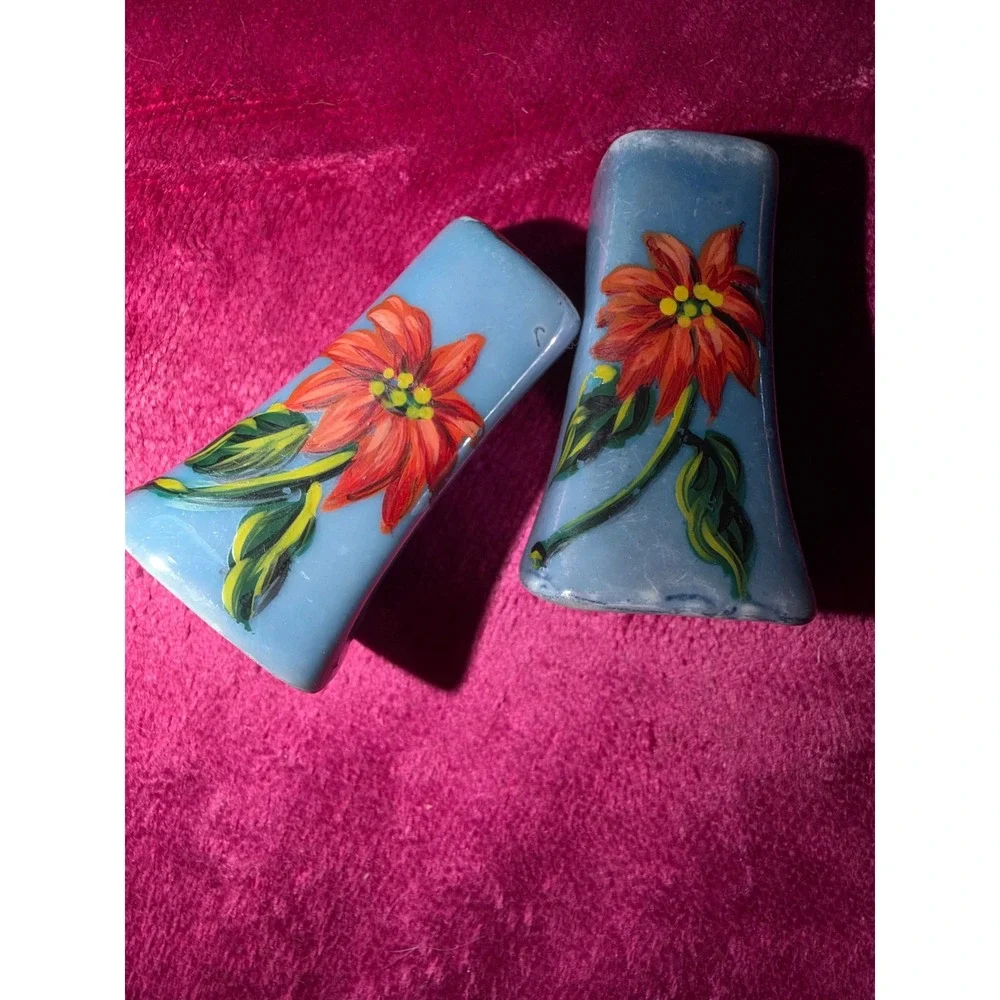 Vintage Nippon Hand Painted Lusterware Condiment Set Poinsettia Japan Blue 4pc